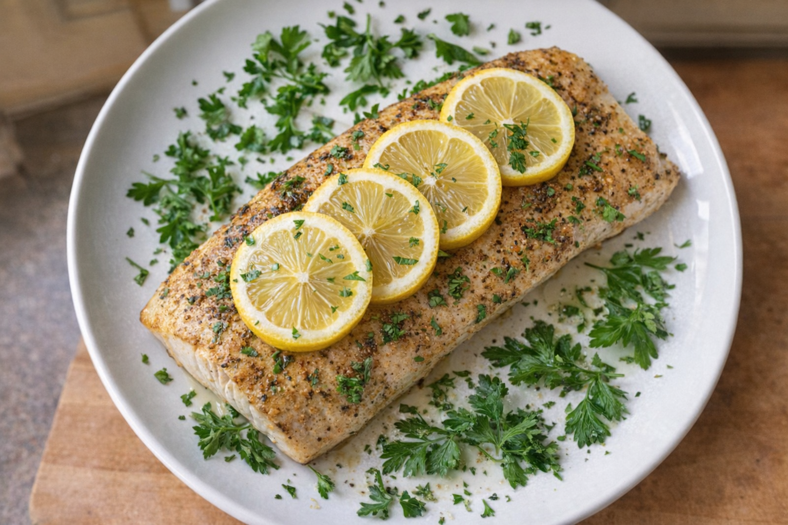 A beautifully plated baked mahi mahi fillet with lemon slices and fresh parsley, studio lighting, overhead shot